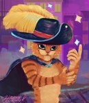 5_fingers anthro cape clothing domestic_cat dreamworks feathers felid feline felis fingers fur green_eyes hat headgear headwear heavy_coconut hi_res male mammal multicolored_body multicolored_fur orange_body orange_fur outside pink_nose puss_in_boots_(character) puss_in_boots_(dreamworks) solo standing stripes whiskers window