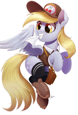 blonde_hair clothed clothed_feral clothing cutie_mark envelope eyelashes feathered_wings feathers female feral footwear grey_body grey_feathers grin hair hat headgear headwear hooves legwear mailbag mouth_hold paper satchel shirt shoes simple_background smile socks solo tail teeth thigh_highs topwear uniform white_background wings yellow_eyes ncmares friendship_is_magic hasbro my_little_pony mythology derpy_hooves_(mlp) equid equine mammal mythological_creature mythological_equine pegasus 2018 absurd_res hi_res portrait signature