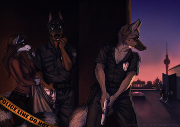 anthro badge barricade_tape berlin_(city) betrayal black_nose blue_eyes brown_body brown_eyes brown_fur brown_hair female fur group gun hair handgun male mask on_roof outside pistol police ranged_weapon rooftop security silhouette skyline smile stealing striped_body striped_fur stripes sunset tape thief urban weapon white_body white_fur johis shinigamigirl canid canine canis domestic_dog mammal procyonid raccoon artist_collaboration