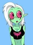 breasts clothed clothing eyebrows female freckles green_body green_skin hair humanoid_pointy_ears long_hair noseless not_furry pink_sclera pointy_ears solo white_hair itimu disney wander_over_yonder lord_dominator alien alien_humanoid humanoid 2015 3:4