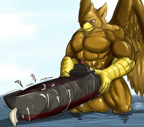 abs anthro balls beak biceps bodily_fluids brown_body brown_fur claws cum cum_inside destruction ejaculation erection feathered_wings feathers fur genital_fluids genitals macro male male_penetrating muscular muscular_anthro muscular_male nude pecs penetration sea ship simple_background solo tail vehicle vehicle_destruction vehicle_insertion vehicle_penetrated water watercraft wings longging mythology carpo avian gryphon mythological_avian mythological_creature