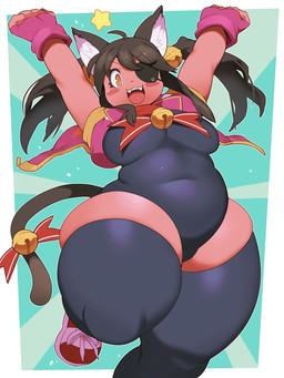 5_fingers accessory bell big_breasts blush bow_(feature) bow_accessory bow_ribbon breasts brown_hair clothed clothing eye_patch eyewear female fingerless_gloves fingers furgonomics gloves hair hair_accessory handwear legwear leotard looking_at_viewer navel open_mouth pigtails ribbons slightly_chubby slightly_chubby_female smile solo stockings tail tail_accessory tail_bow tail_ribbon teeth thick_thighs tight_clothing tongue sanjiro animal_humanoid cat_humanoid felid felid_humanoid feline feline_humanoid humanoid mammal mammal_humanoid 3:4 digital_media_(artwork) hi_res