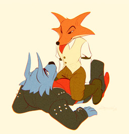 anthro black_bottomwear black_clothing black_jacket black_pants black_topwear boots bottomwear brown_boots brown_bottomwear brown_clothing brown_footwear brown_pants clothed clothing duo eye_contact footwear fur grey_body grey_fur jacket looking_at_another lying male male/male orange_body orange_fur pants red_clothing red_shirt red_topwear shirt shoes simple_background sitting_on_another topwear vest white_clothing white_shirt white_topwear yellow_background yellow_clothing yellow_topwear yellow_vest demure303 don't_eat_the_neighbours fox_(don't_eat_the_neighbours) wolf_(don't_eat_the_neighbours) canid canine canis fox mammal wolf 2026 absurd_res digital_media_(artwork) hi_res