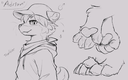 baseball_cap clothing cute_fangs fangs hat headgear headwear hoodie kemono kerchief male paws teeth text topwear snowybark adrian_(snowstormbat) mammal mustelid otter 16:10 absurd_res hi_res monochrome sketch widescreen