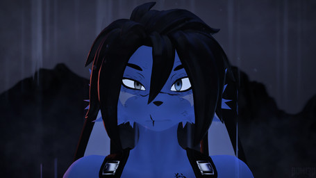 angry anthro black_hair blue_body blue_fur eye_twitch female fur hair heterochromia long_ears mouth_scar raining simple_background solo upset wet wet_hair conditional_dnp domi3d domi_(domi3d) hybrid lagomorph leporid mammal rabbit 16:9 3d_(artwork) 4k absurd_res digital_media_(artwork) hi_res source_filmmaker_(artwork) widescreen