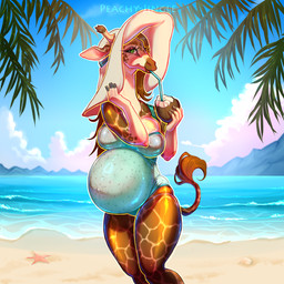 anthro beach belly beverage big_breasts breast_squeeze breast_squish breasts brown_body brown_fur clothing coconut coconut_drink drinking drinking_straw drupe_(fruit) female food fruit fur green_eyes hat headgear headwear holding_beverage holding_clothing holding_hat holding_headgear holding_headwear holding_object horn looking_at_viewer navel one-piece_swimsuit ossicone outie_navel palm_tree palms plant pregnant pregnant_anthro pregnant_female sand sea seaside solo squeezing squish sun_hat sunburst_(design) swimwear tail tail_tuft tan_body tan_fur tight_clothing tree tuft water peachy-jingle gracey_halvenka giraffe giraffid mammal 1:1 hi_res
