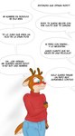 anthro antlers better_version_at_source blackmail blue_eyes blush blush_lines bottomwear brown_body brown_fur clothing comic deer denim denim_bottomwear denim_clothing duo fur hi_res horn jeans long_sleeve_shirt male mammal new_world_deer off_camera out_of_frame pants principericardo red_clothing red_nose red_sweater red_topwear reindeer rody_(principericardo) solo speech_bubble sweater text text_on_balloon topwear translated vix_(principe_ricardo)
