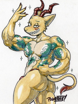 anthro blush butt butt_pose clothed clothing flexing grin horn male muscular muscular_anthro muscular_male pecs pose sharp_teeth simple_background smile solo tattoo teeth topless underwear white_background parasitedeath beastars melon_(beastars) antelope bovid felid gazelle hybrid leopard mammal pantherine hi_res traditional_media_(artwork)