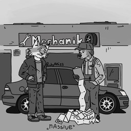 anthro bottomwear car clothing collared_shirt countershade_face countershading denim denim_bottomwear denim_clothing duo ear_tuft hoodie humor jeans looking_down looking_worried male male/male mechanic overalls pants repair_shop shirt text topwear tuft vehicle workshop ricky_arts general_motors saab canid canine canis domestic_dog felid feline humanoid lynx mammal 1:1 2023 black_and_white english_text monochrome