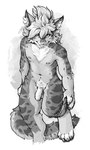 anthro chest_tuft clothing femboy flaccid foreskin genitals hair long_tail looking_at_viewer male partially_retracted_foreskin penis pubes simple_background solo spots tail tuft underwear undressing zterry avery_(roanoak) felid feline lynx mammal 2020 monochrome