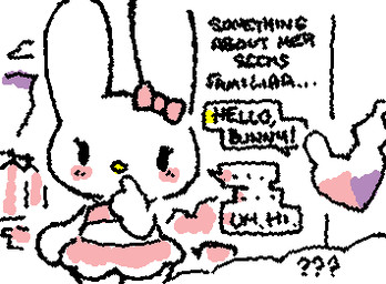 anthro black_eyes black_text blush clothing confusion conjoined_speech_bubble dialogue ellipsis empty_eyes exclamation_point eyelashes female female_anthro finger_on_mouth front_view hand_on_face heart_symbol out_of_frame pink_accents pink_accessory pink_bow pink_clothing pink_ribbon pink_swimwear plushie question_mark simple_eyes solo speech_bubble squigglevision stylized_empty_eyes swimwear text two-piece_swimsuit white_body yellow_nose ligma_(artist) hello_kitty_(series) onegai_my_melody sanrio hello_kitty_(character) kuromi my_melody animate_inanimate fairy lagomorph living_plushie mammal 2025 animated digital_media_(artwork) english_text flat_colors low_res wigglypaint_(artwork)