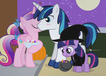 accessory blue_eyes blue_hair blush bow_(feature) bow_accessory bow_ribbon bowl candy canon_couple clothing container cutie_mark dessert eating eyes_closed feathered_wings feathers female feral food fruit fur furgonomics group hair hair_accessory hair_bow hair_ribbon hat headgear headwear holidays horn kissing kissing_cheek long_hair male moon multicolored_hair night outside pink_body pink_feathers plant pumpkin purple_body purple_eyes purple_fur purple_hair ribbons royalty shirt sky smile standing star starry_sky tail tail_accessory tail_bow tail_ribbon topwear two_tone_hair white_body white_fur wings young young_feral dm29 friendship_is_magic halloween hasbro my_little_pony mythology princess_cadance_(mlp) shining_armor_(mlp) twilight_sparkle_(mlp) equid equine mammal mythological_creature mythological_equine unicorn winged_unicorn 2013 digital_media_(artwork)