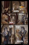 2016 anthro canid canine canis cheetah clothed clothing comic conditional_dnp coyote detailed_background dialogue ear_piercing english_text facial_scar felid feline hi_res inside male mammal melee_weapon piercing polearm scar serval spear text titusw url weapon wolf