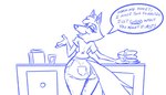 anthro big_butt breasts briefcase butt dialogue fangs female food kitchen_counter open_mouth pancake simple_background solo speech_bubble teeth text white_background wide_hips unknown_artist great_wolf_lodge the_great_wolf_pack:_a_call_to_adventure janice_wolf canid canine canis mammal wolf 2023 blue_and_white english_text monochrome