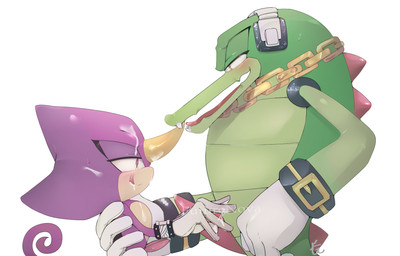 2_penises animal_genitalia animal_penis anthro bedroom_eyes blush bodily_fluids chain clothing cum cum_covered cum_on_chest cum_on_face cum_on_hand curled_tail duo electronics genital_fluids genitals glistening glistening_genitalia glistening_penis gloves gold_(metal) gold_chain green_body handwear headphones hemipenes horn licking licking_lips looking_at_another looking_at_partner male male/male messy multi_genitalia multi_penis narrowed_eyes open_mouth penis pink_penis precum precum_on_penis seductive simple_background size_difference sweat sweatdrop tail tapering_penis teeth tongue tongue_out white_background white_clothing white_gloves white_handwear yellow_eyes futurenova sega sonic_the_hedgehog_(series) espio_the_chameleon vector_the_crocodile chameleon crocodile crocodilian lizard reptile scalie 2021 hi_res signature watermark