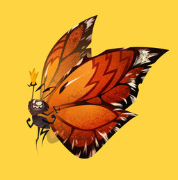 2_antennae 4_arms 4_wings ambiguous_gender antennae_(anatomy) anthro arthropod_abdomen biped black_antennae crown evil_grin eyespots flying headgear holding_crown holding_object insect_wings lepidopteran_wings markings monotone_background multi_arm multi_limb multi_wing multicolored_wings nude orange_wings ruff simple_background smile solo spread_wings teeth wings yellow_background laklaramala disney hoppers_(disney) pixar titus_(hoppers) arthropod butterfly insect lepidopteran 2026 digital_drawing_(artwork) digital_media_(artwork) hi_res lineless