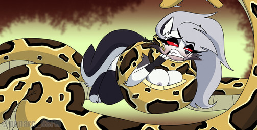 ambiguous_gender anthro asphyxiation big_breasts big_tail biped bodily_fluids breast_squish breasts cheek_tuft choking coiling_around_body drooling eyelashes facial_tuft female female_anthro feral hair imminent_vore inner_ear_fluff larger_ambiguous larger_feral long_hair pupils quadruped red_sclera saliva size_difference slit_pupils smaller_anthro smaller_female squish strangling struggling struggling_prey tail thick_thighs toeless_thigh_highs trying_to_escape tuft white_eyes poparc_nsfw hellaverse helluva_boss mythology loona_(helluva_boss) canid canid_demon canine demon hellhound mammal mythological_canine mythological_creature 2024 absurd_res hi_res