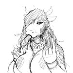 1:1 anthro beckoning big_breasts bovid bovine breasts cattle cleavage clothed clothing ear_piercing female gesture glass hi_res hladilnik jewelry long_tongue mammal monochrome necklace piercing sketch solo suggestive tongue tongue_out