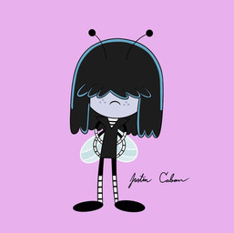 4_arms antennae_(anatomy) anthro black_clothing black_dress black_footwear black_hair black_shoes clothing dress female footwear freckled_face freckles grey_body grey_skin hair hair_over_eyes insect_wings legwear long_hair multi_arm multi_limb pattern_clothing pattern_legwear pattern_shirt pattern_stockings pattern_tank_top pattern_topwear shirt solo stockings striped_clothing striped_legwear striped_shirt striped_sleeves striped_stockings striped_tank_top striped_topwear stripes tank_top topwear voice_actor_joke wings justin_caban disney nickelodeon the_buzz_on_maggie the_loud_house lucy_loud maggie_pesky arthropod fly_(animal) insect
