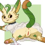 1:1 2023 anus blush border butt checkered_style_leafeon clothed clothed_feral clothing clothing_around_one_leg collar digital_media_(artwork) dress eeveelution fan_character female feral flower_panties fur generation_4_pokemon genitals headgear headwear holowear_(pokemon) leafeon leg_markings lying mammal markings nintendo on_front panties panties_around_one_leg panties_down partially_clothed pawpads paws pixel_(artwork) pokemon pokemon_(species) pokemon_unite pussy raised_tail simple_background socks_(marking) solo sploot tail tan_body tan_fur underwear underwear_around_one_leg underwear_down undressing white_border white_clothing white_panties white_underwear worried yellow_sclera zabozamojo