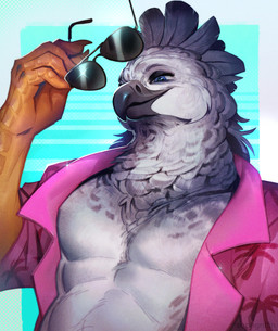 anthro clothed clothing exposed_chest eyewear floral_shirt male muscular smug sunglasses saphgriffin wings_of_vice ritchie_(ferobird) accipitrid accipitriform avian bird eagle harpy_eagle hi_res
