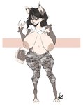 alternate_form alternate_species anthro big_breasts black_hair bottomwear breasts brown_body brown_fur camo camo_print cheek_tuft clothed clothing clothing_lift devil_horns_(gesture) digitigrade facial_tuft female fur gesture hair half-closed_eyes hand_gesture huge_breasts long_hair multicolored_body multicolored_fur narrowed_eyes pants sagging_breasts shirt shirt_lift simple_background slightly_chubby slightly_chubby_anthro slightly_chubby_female solo t-shirt tan_body tan_fur topwear torn_bottomwear torn_clothing torn_pants tuft two_tone_body two_tone_fur white_background dullvivid lara_ravencroft canid canine canis domestic_dog husky mammal nordic_sled_dog spitz hi_res