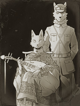 anthro asian_clothing bottomwear chair cheek_tuft chinese_clothing claws clothed clothing duo east_asian_clothing facial_tuft fur furniture hat headgear headwear holding_object inner_ear_fluff looking_at_viewer male military_uniform musical_instrument on_chair pants photo pupils shirt sitting sitting_on_chair slit_pupils string_instrument topwear tuft uniform whiskers luxury_gin canid canine canis domestic_cat felid feline felis mammal wolf 2020 monochrome shaded