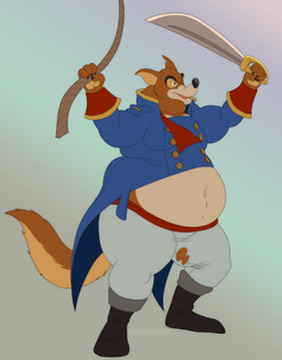 4_fingers anthro belly black_claws black_eyebrows black_nose boots bottomwear brown_body brown_fur claws clothed clothing cutlass eyebrows fingers footwear fur holding_object male melee_weapon multicolored_body multicolored_fur navel open_mouth overweight overweight_anthro overweight_male pants pink_tongue rope shirt shoes solo standing sword tail teeth tongue topwear torn_clothing weapon fondoffrogs disney talespin don_karnage canid canine canis mammal red_wolf wolf hi_res