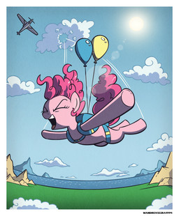 aircraft airplane attached_to_balloon balloon balloon_support border eyes_closed female feral hair hanging_from_balloon inflatable inflatable_support multiple_balloons open_mouth open_smile outside pink_hair skydiving smile solo sun vehicle white_border wandrevieira1994 friendship_is_magic hasbro my_little_pony pinkie_pie_(mlp) equid equine horse mammal pony 2016 hi_res