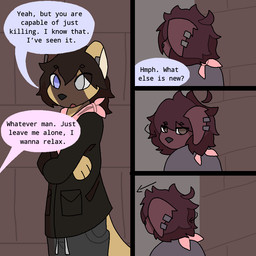 anthro black_clothing black_jacket black_topwear blind_eye bottomwear brown_body brown_fur brown_hair clothing crossed_arms dialogue duo ear_piercing floppy_ears fur glaring_at_another grey_bottomwear grey_clothing grey_pants grey_shirt grey_sweatpants grey_topwear hair jacket kerchief male pants piercing pink_kerchief shirt sweatpants tan_body tan_fur text topwear ashblondekittyy jackson_(ashblondekitty) rex_(ashblondekittyy) african_wild_dog canid canine canis domestic_dog mammal 1:1 comic english_text