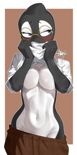 anthro black_body blue_eyes blush bottomwear breasts brown_bottomwear brown_clothing brown_shorts clothed clothing clothing_lift countershading eyelashes eyewear female glasses multicolored_body navel partially_clothed shirt shirt_lift shorts simple_background solo topwear two_tone_body white_body white_clothing white_shirt white_topwear drt_l0l aquatic cetacean dolphin mammal oceanic_dolphin orca toothed_whale absurd_res hi_res