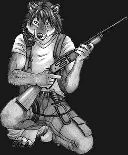 anthro army backpack belt biped black_background black_claws black_nose bottomwear cargo_pants claws clothing colored_nails crouching electronics feet front_view fur grey_body grey_fur grey_nails gun hindpaw holding_gun holding_object holding_ranged_weapon holding_weapon kneeling knife looking_at_viewer male nails pants paws radio ranged_weapon shirt simple_background snout solo topwear weapon white_clothing white_shirt white_topwear unknown_artist canid canine canis mammal wolf full-length_portrait graphite_(artwork) greyscale low_res monochrome portrait traditional_media_(artwork)