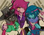 anthro asian_clothing black_body black_fur clothed clothing east_asian_clothing eyewear female fur gat_(hat) glasses group hair korean_clothing male simple_background trio chokaso deltarune undertale_(series) kris_(deltarune) ralsei susie_(deltarune) bovid caprine goat human mammal reptile scalie 2019 digital_media_(artwork)