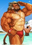 abs anthro ball beard biceps big_muscles black_hair blue_sky bottomwear clothed clothing cloud dripping duo facial_hair fist green_hair grey_bottomwear grey_clothing hair halo legs_in_water male male_focus muscular muscular_male nipples outside partially_submerged pecs pink_nose red_bottomwear red_clothing red_eyes shading_eyes sky solo_focus standing standing_in_water submerged_legs submerged_tail swimwear tail_in_water topless vein wet whiskers whistle_(object) wristband traver009 lifewonders tokyo_afterschool_summoners arsalan_(tas) background_character zabaniyya_(tas) felid humanoid lion mammal pantherine absurd_res hi_res