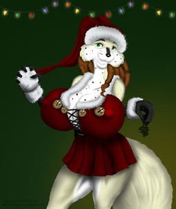 anthro bell big_breasts black_nose bottomwear breasts christmas_clothing christmas_headwear cleavage clothed clothing female green_eyes hat headgear headwear holidays huge_breasts kissing_bough lights mistletoe nipple_outline plant santa_hat skirt smile solo tail portia_(artist) christmas portia_(portia) canid canine fox mammal 2005