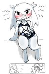 angry antennae_(anatomy) anthro belly_tuft black_clothing black_eyes black_swimwear blush bodily_fluids chest_tuft clenched_teeth clothing digitigrade duo eyebrows eyelashes facial_scar female flat_chested floppy_ears front_view fur gesture hand_gesture hat headgear headwear looking_at_viewer machine male middle_finger mouth_closed one-piece_swimsuit scar scarf sharp_teeth shirt short simple_background sitting solo_focus sweat sweatdrop swimwear teeth thick_thighs thumbs_up topwear tuft white_background white_body white_fur wide_hips x_scar yelling_at_another kaibootsu cave_story quote_(cave_story) sue_sakamoto humanoid lagomorph mammal mimiga robot 2:3 digital_drawing_(artwork) digital_media_(artwork) hi_res