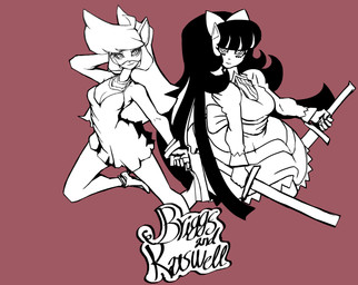 5_fingers bottomwear breasts cleavage clothed clothing cosplay dress duo eyewear female fingers glasses gun hair jumping long_hair looking_at_viewer melee_weapon pose ranged_weapon simple_background skirt smile sword weapon kimsan-stuff hanna-barbera nickelodeon panty_and_stocking_with_garterbelt swat_kats t.u.f.f._puppy callie_briggs kitty_katswell domestic_cat felid feline felis mammal absurd_res crossover hi_res monochrome source_request unavailable_at_source