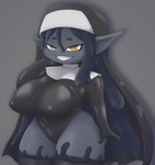 big_breasts black_body black_hair breasts dwarfism female goo_hair grey_background hair humanoid_pointy_ears long_hair looking_at_viewer navel_outline nipple_outline nun nun_outfit pointy_ears pseudo_hair shadow short_stack simple_background slime_on_leg smug solo thick_thighs toothy_grin yellow_eyes digeldickerson goblin humanoid 2024 absurd_res hi_res