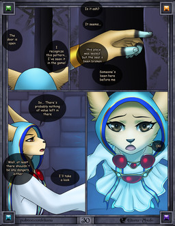 5_fingers anthro bald big_ears black_border blue_clothing blue_nails blue_topwear border brown_eyes close-up clothed clothing colored_nails door ears_up female fingers front_view fur gem gesture hand_gesture high-angle_view hood inside looking_at_viewer magic_clothing nails open_mouth perspective pointing rear_view red_gem side_view solo speech_bubble surprised suspicious tan_body tan_fur text tired tongue topwear tuft white_clothing eliana-asato melony_(eliana-asato) canid canine fennec_fox fox mammal true_fox 2024 comic digital_media_(artwork) english_text hi_res multiple_scenes