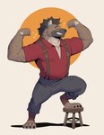 anthro biceps clothed clothing fur hair male simple_background solo ixkouu gnoll hyena mammal 2020 digital_media_(artwork) hi_res