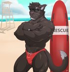 anthro beach big_muscles bulge chest_tuft clothing crossed_arms eyewear frown lifeguard_tower looking_at_viewer male muscular outside red_clothing red_speedo red_swimwear seaside solo speedo sunglasses surfboard swimwear tuft wolfybuns felid feline mammal hi_res