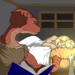 anthro bed blonde_hair blue_book bodily_fluids book brown_clothing candle candlelight clothing crying duo eyes_closed female furniture hair inside light looking_at_another looking_back male night open_book sad tears teeth under_covers white_bed_sheet window pandottermon human kobold mammal scalie hi_res