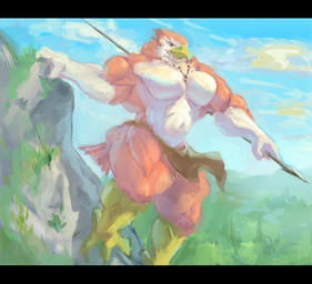 anthro biceps big_muscles big_pecs black_bars bottomwear clothed clothing feathers loincloth loincloth_only male melee_weapon muscular muscular_arms muscular_male muscular_thighs nature nature_background pecs pink_body pink_feathers polearm sky solo spear thick_thighs topless weapon drakei avian bird hi_res letterbox
