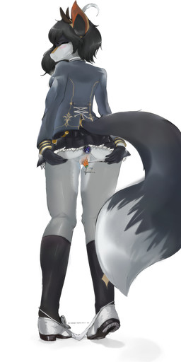 anthro black_hair blush bottomwear buttplug clothed clothing eyes_closed female fluffy fluffy_tail footwear fur genitals grey_body hair panties panties_down partially_clothed plug_(sex_toy) sex_toy shoes simple_background skirt smile solo tail underwear underwear_down vibrator vulva white_background white_body white_fur capabaru zoe_(nathannatefox) canid canine canis eurasian_wolf mammal wolf 2026 absurd_res hi_res