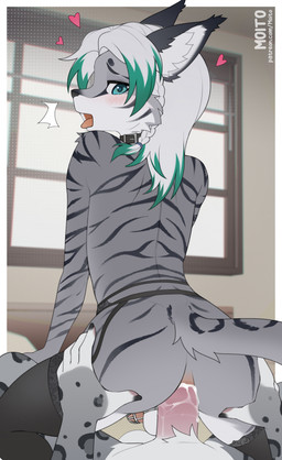 anal anal_penetration anthro balls black_stripes blue_eyes bodily_fluids braided_hair chastity_cage chastity_device clothed clothing collar crossdressing cum cum_in_ass cum_inside duo ear_tuft ejaculation erection femboy fur garter_belt garter_straps genital_fluids genitals green_hair hair hand_on_butt heart_symbol legwear looking_back looking_pleasured male male/male male_penetrated male_penetrating on_bottom on_top open_mouth penetration penile penile_penetration penis reverse_cowgirl_position sex striped_body striped_fur stripes tail thigh_highs tongue tongue_out tuft white_body white_fur white_hair window moito microsoft the_elder_scrolls arc_(arc-the-khajiit) felid feline khajiit mammal pantherine snow_leopard absurd_res hi_res