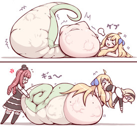 after_vore apode belly big_belly black_clothing blonde_hair clothing female female_pred group hair huge_belly legless overweight serpentine simple_background split_form vore white_background 57mm dropkick_on_my_devil! jashin-chan draconcopode human humanoid lamia mammal reptile scalie snake 2022 hi_res