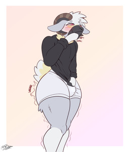 anthro blush bodily_fluids bottomwear bulge clothing clothing_pull covering covering_mouth embarrassed femboy long_sleeve_shirt male sex_toy shirt shirt_pull shorts solo standing sweat topwear topwear_pull vibrator brick_break_after_dark bovid caprine mammal sheep absurd_res hi_res