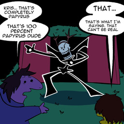 ambiguous_gender anterior_nasal_aperture anthro antlers big_nose biped black_bodysuit black_clothing black_eyebrows black_eyes black_hair black_skinsuit bodily_fluids bodysuit bone bunker clothed clothed_ambiguous clothed_anthro clothed_human clothing comic_panel conjoined_speech_bubble detailed_background dialogue door ellipsis eyebrows fake_antlers fake_horns gesture grass green_clothing green_grass green_sweater green_topwear group hair horn humor in_denial jacket larger_ambiguous larger_anthro larger_humanoid name_in_dialogue nervous nervous_sweat night number obscured_eyes open_door open_mouth outside parody plant pose purple_body purple_clothing purple_jacket purple_scales purple_topwear question_mark red_door red_tongue scales shadow shirt shocked simple_eyes size_difference skeleton skinsuit smaller_ambiguous smaller_human speech_bubble standing stuttering style_emulation sweat sweater teeth text tight_clothing tongue topwear trio white_clothing white_speech_bubble white_topwear yellow_body yellow_skin radicalmammajamma adult_swim cartoon_network deltarune smiling_friends undertale undertale_(series) charlie_dompler kris_dreemurr papyrus_(undertale) pim_pimling roaring_knight susie_(deltarune) animated_skeleton critter_(smiling_friends) human humanoid mammal monster scalie undead 1:1 2025 colored digital_drawing_(artwork) digital_media_(artwork) english_text hi_res female_(lore)