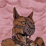 anthro bdsm bondage bound brown_body brown_fur chain chained cloud ears_up fur holding_object light looking_forward male muzzle_(object) muzzled overcast red_sky scar sky slave solo sunlight yellow_eyes mitokep bethesda_game_studios microsoft morrowind the_elder_scrolls felid khajiit mammal 2022 hi_res