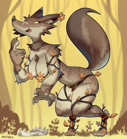 4_toes 5_fingers anthro areola arm_tuft bear_trap breasts brown_body brown_fur clothed clothing convenient_censorship cute_fangs fangs feet female fingers forest fur hindpaw leaf looking_back medium_breasts multicolored_body multicolored_fur open_mouth open_smile outside paws pink_areola plant plantigrade pubes shoulder_tuft skimpy smile solo tan_body tan_fur teeth toes trap_(contrivance) tree tuft two_tone_body two_tone_fur uhoh lilmoonie lobita_(lilmoonie) canid canine canis mammal wolf 2022 absurd_res hi_res